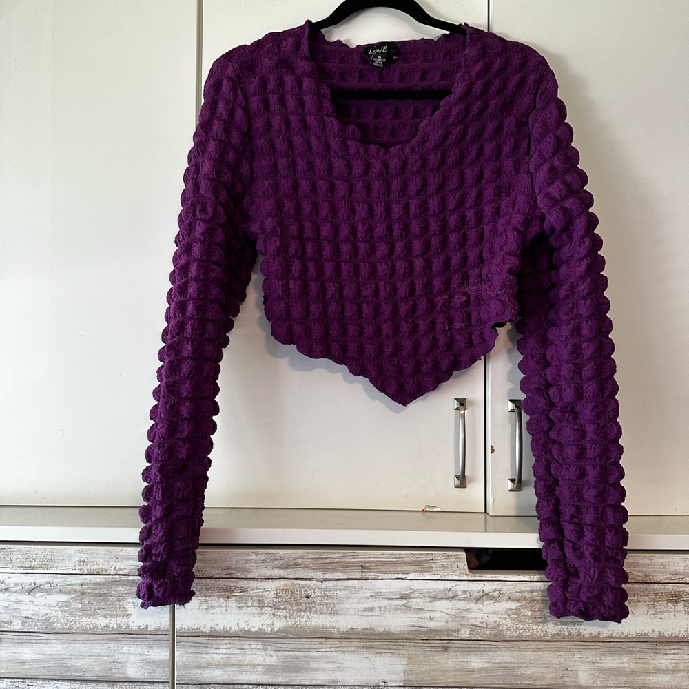💜 Love Purple Textured Crop Top XL Long Sleeve Stretch Asymmetrical Hem